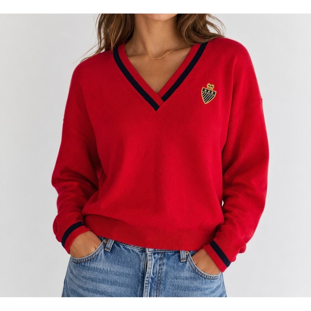 Vintage Preppy V Neck Sweater Womens Red Medium Cotton Crest Varsity USA Tennis